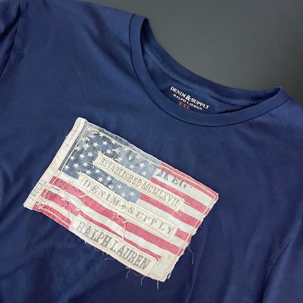 Ralph Lauren Denim Supply USA Flag T-Shirt Mens XXL Blue Short Sleeve Cotton Tee
